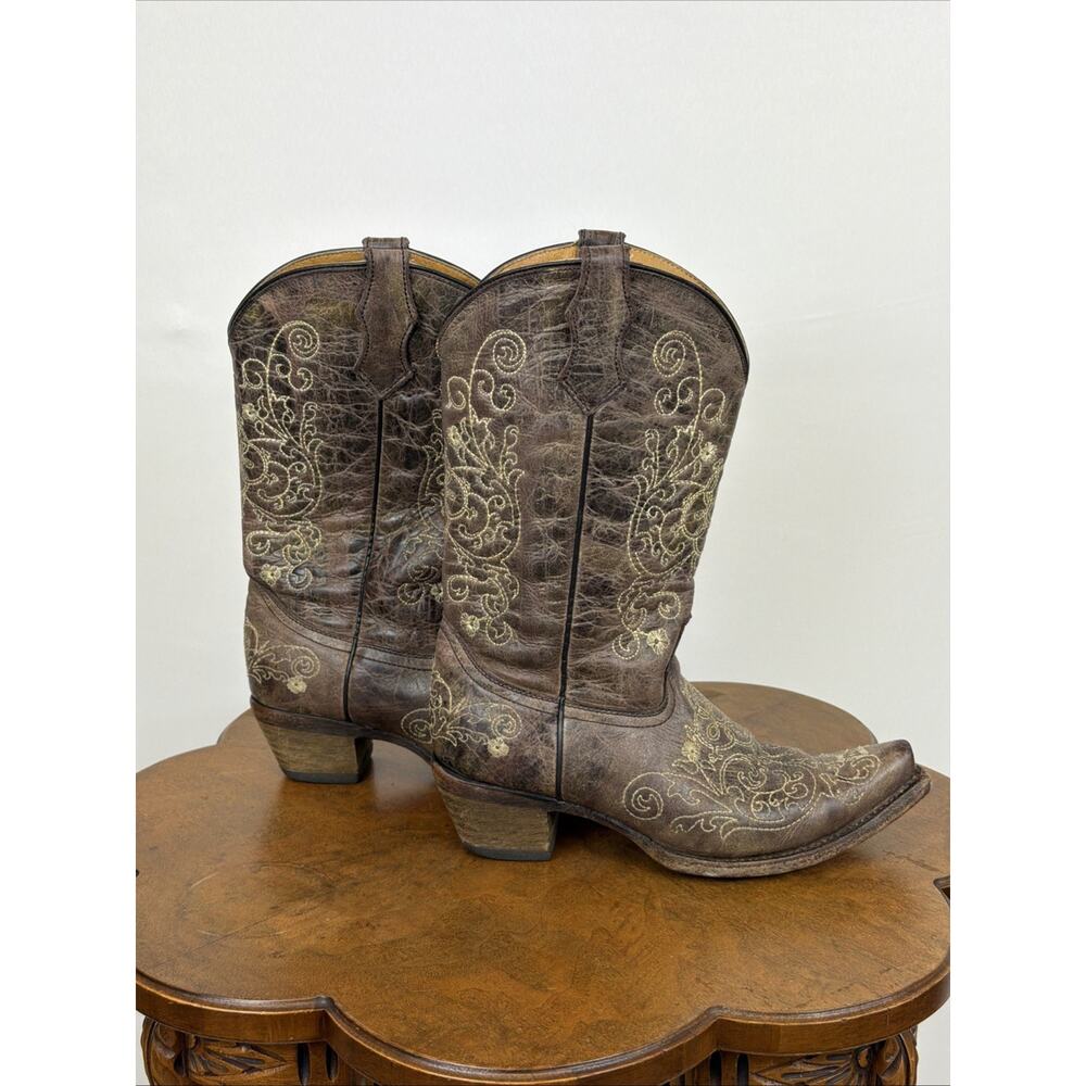 Corral Teens Brown Pebble Leather Western Boots Cream Stitching #1637 Size 5 - Picture 4 of 7
